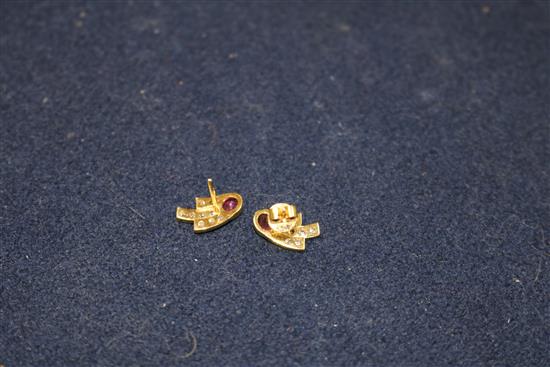 A pair of 14ct gold, emerald and diamond earrings and a pair of 18ct gold, ruby and diamond earrings